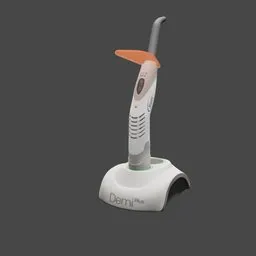 "3D model of a Kerr-DemiPlus UltraViolet Dental Curer created in Blender 3D software. The medical equipment is shown on a stand with a toothbrush and features clean logo design and diode lighting. Perfect for dentists and dental practitioners searching for high-quality digital representations of dental equipment."