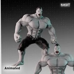 Low Poly 3D model of a muscular, animated character inspired by Hulk, with walking and running animations, PBR optimized for Blender.