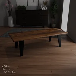 Reclaimed oak coffee table 3D model with smooth lines and natural design, ideal for Blender rendering.