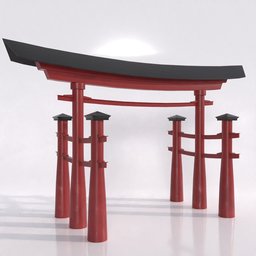 "Japanese Torii gate modeled in Blender 3D software, inspired by Torii Kiyomasu II. This 3D model showcases a red tori tori gate with three stools, ideal for ancient Japanese concept art and architectural designs."