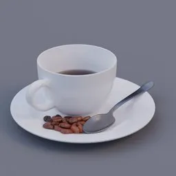 Realistic Blender 3D rendering of a half-full coffee cup with saucer, spoon, and beans.