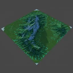 "Explore a stunning 3D render of a mountain range with scattered islands and forestry in Blender 3D. This top-down view displays blue-green tones and stylized shading, with a bright pop of Castleton green. Perfect for landscape design and game development, rendered with a light transport simulation and available in 8K resolution."