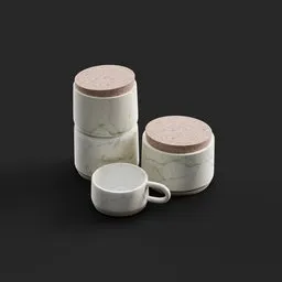 "Tableware set featuring Ingredients Jars with Cup, rendered in Blender 3D. The white Calacatta Gold marble table adds an elegant touch, while the artwork in the style of Sheng Lam brings a unique artistic flair. This Japanese collection product is a must-have for any 3D model enthusiast."