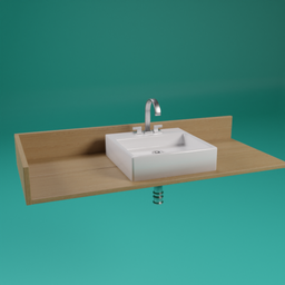 "Industrial style bathroom sink with faucet on a shelf, created by Friedrich Traffelet in Blender 3D. This 3D model showcases a white box design, inspired by Bartolomeo Cesi, with a small dock and pine wood materials. Ideal for educational supplies and testing custom renders, this stunning wash basin is perfect for your Blender 3D projects."