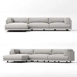 "Sunday Sofa with Chaise: Detailed Modern 3D Model for Blender 3D Interior Visualizations. Grey, simplistic design inspired by Anita Malfatti. Features full-length view, front and back, side view, and detailed body elements. Perfect for interior visualizations in Blender 3D."