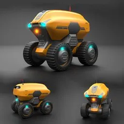 "Sci-fi droid 3D model with yellow and orange body, suitable for robotic vehicle design in Blender 3D. Includes four different views, such as transportation and mining functions, and features a remote control disco backpack. Perfect for AI app icons and quadruped enthusiasts."