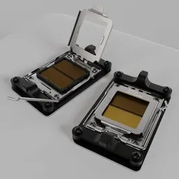 Detailed 3D model of open and closed AM5 motherboard sockets for Ryzen 7000 with rotation controls.