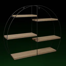 Detailed 3D model of a modern round hanging shelf with wooden planks and black metal supports for Blender rendering.