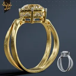 Detailed gold and diamond ring 3D model crafted in Blender, showcasing realistic textures and lighting effects.