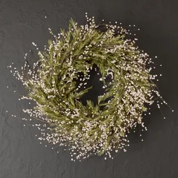 Detailed 3D model of a festive wreath featuring cream flowers and golden accents, perfect for holiday decor in Blender.