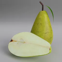 "Handmade high-poly 3D model of a green pear with leaf created in Blender 3D. Decimated for optimal performance and perfect for adding realism to fruit and vegetable scenes."