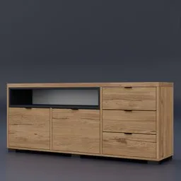 Modern low-legged 3D commode model with open shelf, designed for contemporary interiors, compatible with Blender 3D.