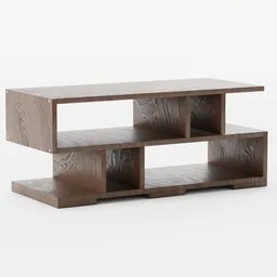 Brown textured 3D Blender model of a sophisticated and modern TV stand with storage shelves.