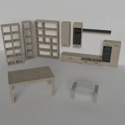 "A detailed 3D model of a living/dining room interior set featuring a TV cabinet, modular design, and fine-grained texture. Suitable for Blender 3D and perfect for interior design projects. Available in Sonoma Oak and compatible with other material surfaces from BlenderKit."