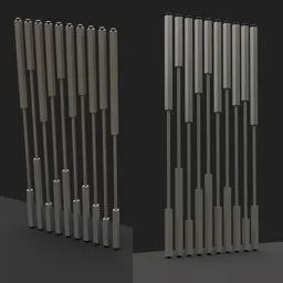 "Metal partition 3D model for Blender 3D interior decoration. Long, flowing fins and brushed aluminum give a sleek, modern look. Perfect for architectural visualisations."