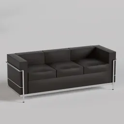 Highly detailed black leather 3-seater 3D model sofa with chrome detailing, optimized for Blender rendering.