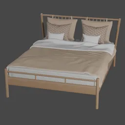 "3D model of Bjorksnas bed in Blender 3D, made of beech wood. Comes with six pillows and a blanket. Dimensions: 180cm x 220cm x 110cm."