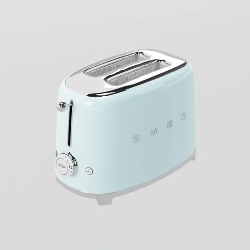 Retro-style light blue 3D rendered toaster with detailed texture and shading, compatible with Blender 3D software.