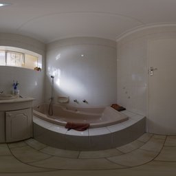 360-degree HDR image of a cozy residential bathroom with natural lighting for scene rendering.