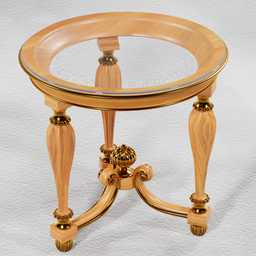 "Round wood antique-style table in Blender 3D; featuring lion head glass tabletop, turned wood legs on brass wheels, inspired by Enguerrand Quarton. Realistic rendering for stool; perfect for game renders or interior design projects."