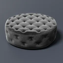 Detailed grey fabric tufted ottoman, high-quality 3D render for Blender modeling, perfect for contemporary interiors.