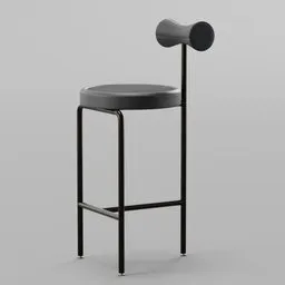"Black bar stool with a unique design, ideal for Blender 3D projects. Created by Muqi, this non-binary model features a Soviet-style twist and an otherworldly concept. Perfect for adding atmosphere and depth to your scenes."