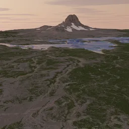 Highly detailed Blender 3D model featuring rugged mountain terrain with a serene lake during sunset.