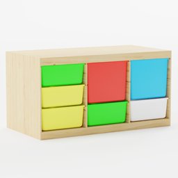 "Colorful vertical Ikea shelves storage model for Blender 3D: stacked brightly colored drawers, green charts, and a vibrant design. Perfect for organizing your virtual space and adding a touch of joy to your 3D scenes."