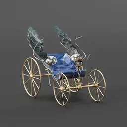 Detailed 3D rendering of a winged, vintage carriage-style vehicle with gold accents, compatible with Blender.