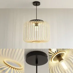 "Ceiling light 3D model for Blender 3D - Leroy Merlin Lamp with a pecan bamboo design. Features two gold striated swirling finish lamps hanging from a hexagonal ring. Perfect for catalogue photography and product renders."