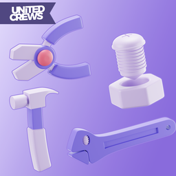 High-quality 3D Blender models of hammer, wrench, fan, bolt, designed for graphics and animation.
