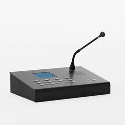 "Blender 3D model of a white public address network call station unit with microphone on stand and glowing buttons. Detailed body shape and elegant render for parliamentary meetings or other audio events."