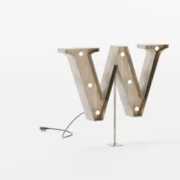 Realistic 3D model of a vintage wooden marquee light shaped as a letter W with illuminated bulbs and power cord.