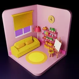 "3D model of a cozy yellow-themed room featuring a couch, table, canvas, cactus vase, sofa, lampshade, and wall clock. This Blender 3D room design showcases a unique blend of vintage and modern elements, with its pink door and stylized clay-like 3D graphics. Perfect for interior design enthusiasts seeking a lived-in, single-floor space."