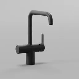 "3D model of Damixa SILHOUET Touchless Kitchen tap in black, created by Muqi in Blender 3D software. Features include a pinocchio nose, real steel construction, and water caustics effect. Perfect for bathroom furniture and faucet designs."
