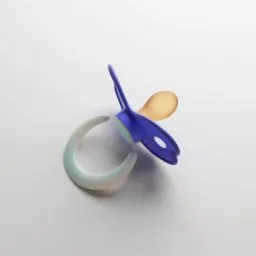 "Plastic Pacifier 3D model with blue handle on white surface, suitable for Blender 3D toy projects. Featuring an elongated teat and mouth shield, inspired by Susan Weil's design and Tracey Emin's color palette."