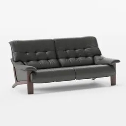 High-quality 3D model of a black leather upholstered sofa with polished wooden legs, designed for Blender rendering.