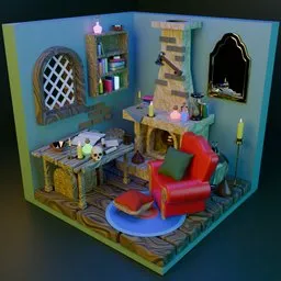Isometric 3D magical study room with colored lighting, potions, antique furniture, fireplace, and mystical decor.
