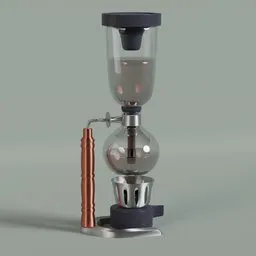 "Blender 3D model of a Siphon coffee maker with glass cup and grinder inspired by Christoph Ludwig Agricola. Featuring UE5 render, ISO 125 and gas lamps. Breathtaking hyper-realistic design reminiscent of vintage coffee shops."