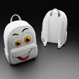 Cartoonish 3D kids' backpack model with a cheerful face, ideal for Blender animation projects.