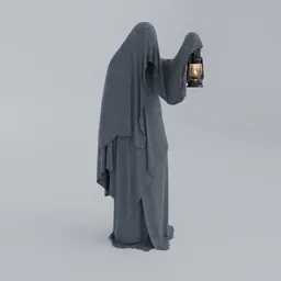 Detailed 3D rendering of a cloaked figure with lantern, suitable for horror-themed Blender modeling.