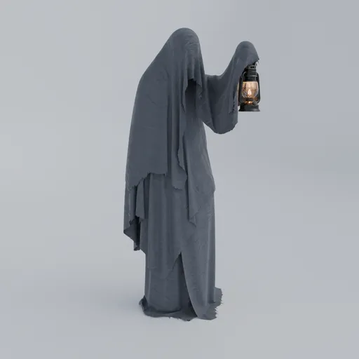 Detailed 3D rendering of a cloaked figure with lantern, suitable for horror-themed Blender modeling.