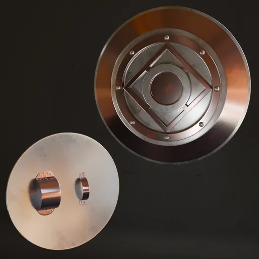 Detailed low poly 3D shield model with metal textures for Blender war games design.