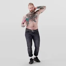 3D model of tattooed male taking a selfie, created with Blender, showcasing realistic skin textures and casual attire.
