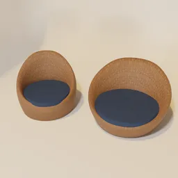 Two variations of a 3D modeled wicker chair with blue cushions, showing deformability in Blender using Geometry Nodes.