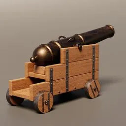 "Antique bronze cannon on a wooden cart, 3D model for historic military enthusiasts. Highly detailed and realistic shapes with the ability to use explosives. Created with Blender 3D software and rendered with Maxwell Render."