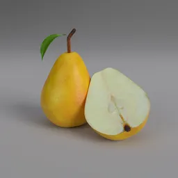 "Handmade high-poly yellow pear 3D model with leaf and detailed scenery, created using Blender 3D. Perfect for fruit and vegetable themed projects. Decimated for optimal performance."