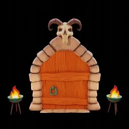 "Fantasy Skeleton Door 3D model with wooden structure and skull ornament on top, perfect for Blender 3D enthusiasts creating tavern, fortress or enclosed settings. Features include goat horns, campfire background, and a dark, ominous atmosphere."