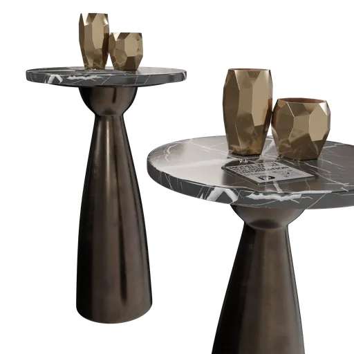 Detailed 3D render of a round martini table with decorative objects, compatible with Blender for professional use.