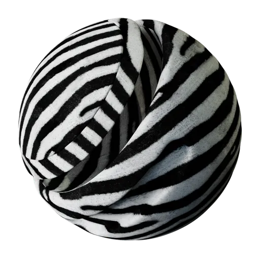 High-quality PBR zebra fur texture for 3D materials, showcasing realistic black and white stripes with a luxurious feel.